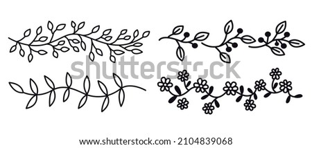 Hand drawn floral dividers for notebook or diary. Doodle flower and leaves branches border. Bullet journal sketch template
