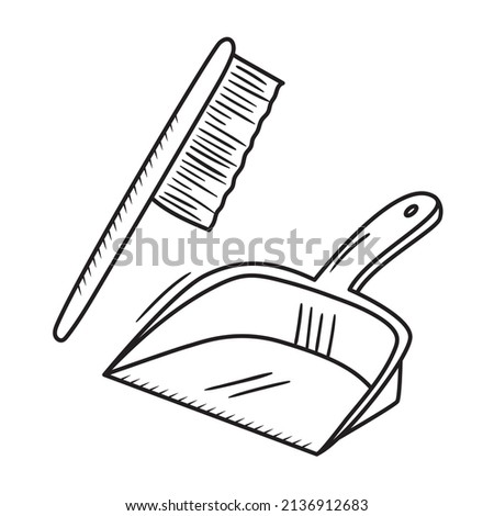 Outline doodle scoop and brush. Hand drawn cleaning equipment vector illustration. House work supplies