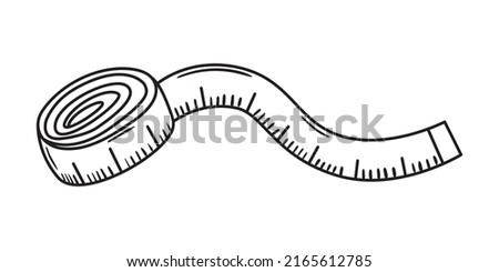 Outline doodle illustration of tape measure. Hand drawn sketch of rolled metric ribbon. Studio, atelier, fitness vector icon isolated on white background