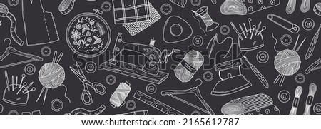 Seamless vector banner with outline doodle sewing elements. Retro machine, embroidery hoop, threads, yarn, fabric, iron, needles. Hand drawn studio background in black and white colors