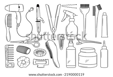 Vector set of outline hairdresser tools. Hand drawn barber equipment. Hair dryer, curling and flat iron, scissors, comb, brush in freehand style. Beauty objects