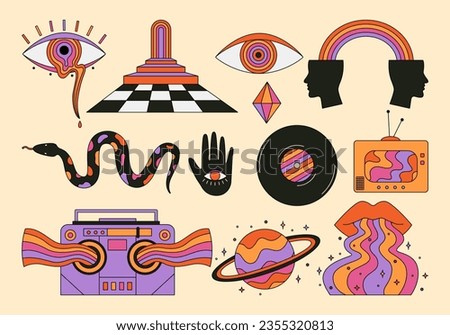 Set of abstract geomeric and psychedelic illustrations in 70s and 80s style. Eye, chess, rainbow, snake, lips, tv and radio stickers. Hypnosis concept, trippy art. Groovy vector graphic.