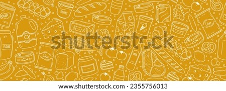Seamless vector banner with hand drawn supermarket products illustrations. Background with doodle food sketches. Concept for grocery delivery and shopping. Cooking ingredients pattern