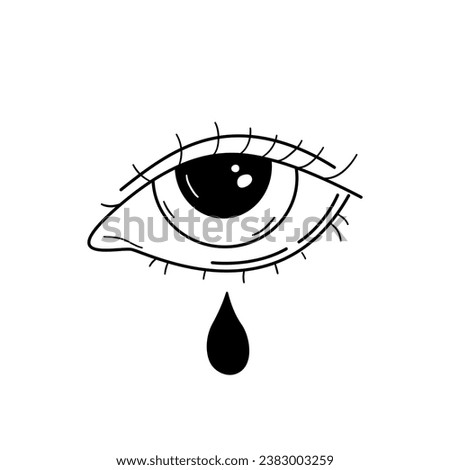Hand drawn outline illustration of woman eye with a tear. Girl crying silhouette. Watch symbol. Black sketch line drawing. Gothic tattoo. Vector graphic