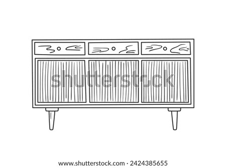 Hand drawn silhouette of mid century dresser. Modern furniture outline drawing. Line art cupboard for trendy interior design. Sketch commode on legs. Vector illustration