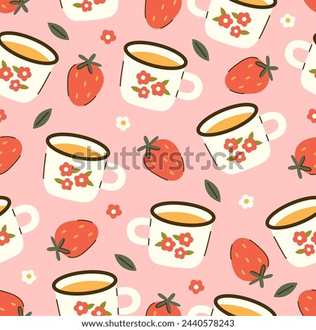 Seamless vector pattern with floral mugs and strawberries. Country style pink background with cute cups. Cottagecore texture for wallpaper, wrapping paper, textile design