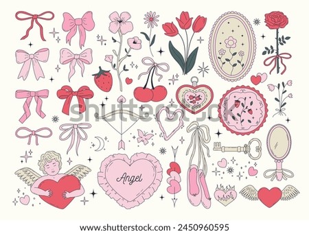Set of cute coquette bows, ribbons, patches, flowers, cherry, hearts, angels. Elegant vintage cliparts in pastel pink color. Hand drawn line art girly decor. Vector illustrations