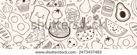 Seamless vector banner with cute asian food characters. Bread, eggs, avocado, ramen, beans, pizza line drawings on wide background. Funny pattern with doodle snacks, desserts, lunch and dinner