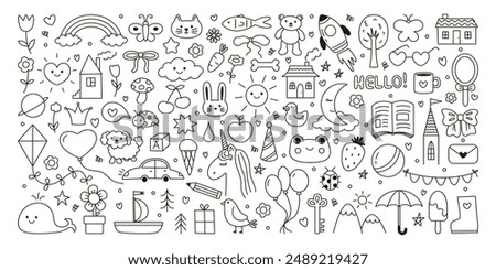 Set of hand drawn doodle illustrations in kids style. Cute child scribble. Simple line drawings of animals, rocket, car, planet, house, flowers. Outline childish icons background. Vector design