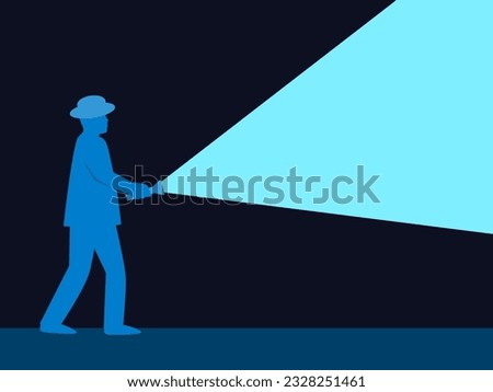 Man shines a flashlight. A male silhouette in a hat holds a flashlight in his hand. Flashlight shines with a blue light in a dark place. Design for posters, prints and banners. Vector illustration