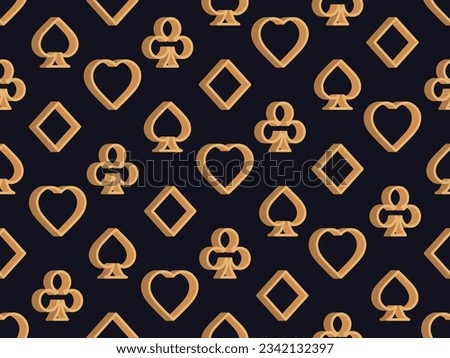 Seamless pattern with 3d playing card suit in art deco style in gold color. Isometric 3D card suits: diamonds, hearts, clubs, spades. Design of printing, advertising and banners. Vector illustration