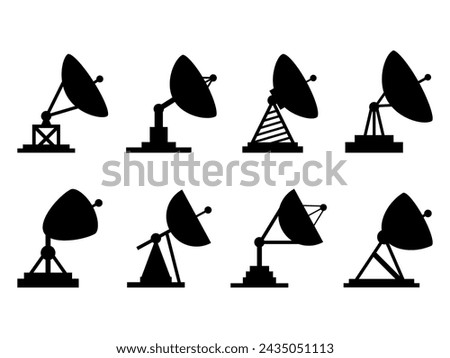 Black parabolic antenna isolated on a white background. Silhouettes of satellite dishes. Satellite antennas of various types. Icon design for print, banners and advertising. Vector illustration