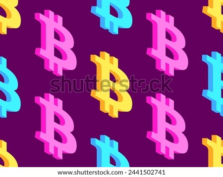 Seamless pattern with 3D Bitcoin symbol. Multicolored isometric Bitcoin symbol. Bitcoin cryptocurrency, crypto trading. Design of wallpapers, banners and posters. Vector illustration