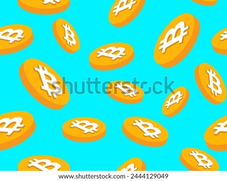 Bitcoin seamless pattern. 3D coins with Bitcoin symbol on a blue background. Golden coins. Bitcoin cryptocurrency, crypto trading. Design of wallpapers, banners and posters. Vector illustration