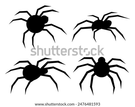 Black widow silhouette set. Silhouettes of spiders icon set on a white background. View of the spider from the side and from above. Design for print, banner and poster. Vector illustration