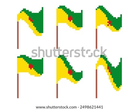 Pixel set of French Guiana flag icons isolated on white background. Waving French Guiana flag in 8-bit retro graphic style from the 80s. Pixel art style design for banners. Vector illustration