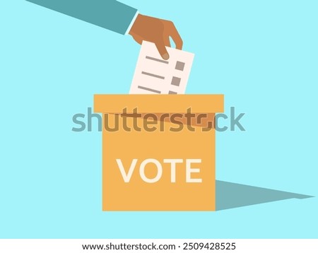 Hand throws a ballot into the ballot box. Elections, voting box. Cast a vote. Elections, voting process. Design for advertising, brochure, promotional products and campaigning. Vector illustration