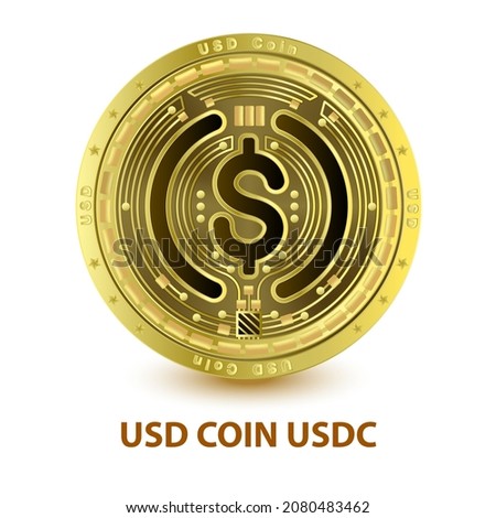 USD Coin USDC 3D Vector illustration Silver golden on white background. Coins cryptocurrency blockchain (crypto currency) digital currency, alternative currency. Future currency replacement technology