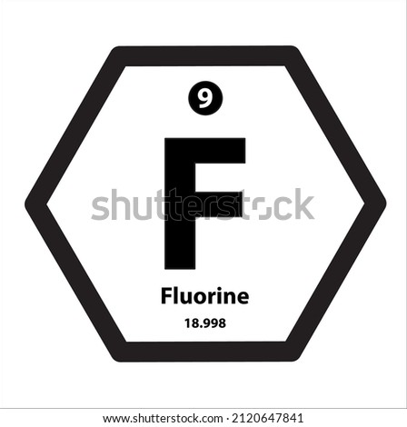 Fluorine (F) chemical element icon hexagon shape black border white background. Is most toxic, reactive chemical element with symbol F atomic number 9. lightest halogen element, has electronegativity.