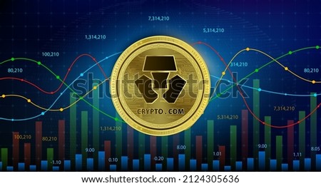 Crypto.com Coin (CRO) Coin. Cryptocurrency blockchain Future digital currency replacement technology alternative currency, Silver golden stock chart number up down is background 3D Vector illustration