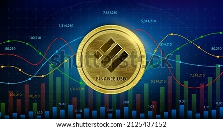 Binance USD (BUSD) coin cryptocurrency blockchain. Future digital currency replacement technology alternative currency, Silver golden stock chart number up down is background. 3D Vector illustration.