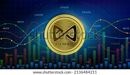 Axie Infinity (AXS) coin cryptocurrency blockchain. Future digital currency replacement technology alternative currency, Silver golden stock chart number up down is background. 3D Vector illustration.
