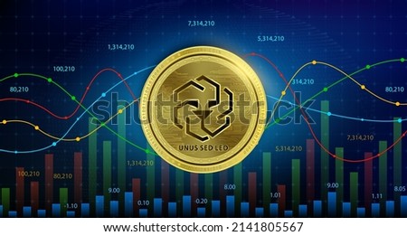 UNUS SED LEO (LEO) coin Cryptocurrency blockchain. Future digital currency replacement technology alternative currency, Silver golden stock chart number up down is background. 3D Vector illustration.