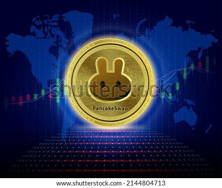 PancakeSwap (CAKE) coin. 3D Vector illustration. Cryptocurrency blockchain (crypto currency) Future digital replacement technology. Silver golden virtual currency growth share chart is background.