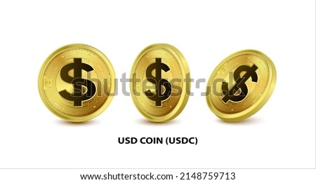 Set of Gold USD Coin (USDC) Vector illustration. Digital currency. Cryptocurrency. Golden coins with bitcoin, ripple and ethereum symbol isolated on white background. 3D isometric Physical coins.