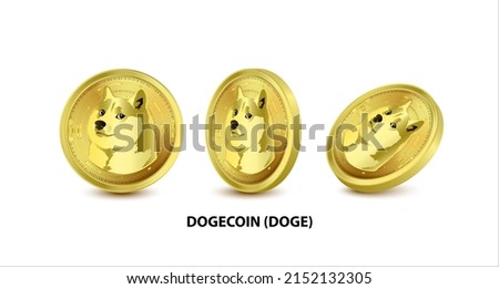 Set of Gold Dogecoin (DOGE) Vector illustration. Digital currency. Cryptocurrency. Golden coins with bitcoin, ripple and ethereum symbol isolated on white background. 3D isometric Physical coins.