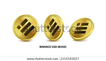 Set of Gold Binance USD (BUSD) Vector illustration. Digital currency. Cryptocurrency. Golden coins with bitcoin, ripple and ethereum symbol isolated on white background. 3D isometric Physical coins.