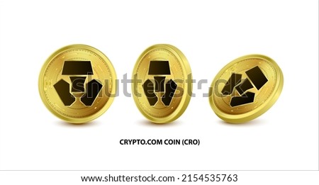 Set of Gold Crypto.com Coin (CRO) Vector illustration. Digital currency. Cryptocurrency. Golden coins with bitcoin, ripple and ethereum symbol isolated on white background. 3D isometric Physical coins