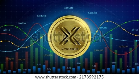Immutable X (IMX) coin Cryptocurrency blockchain. Future digital currency replacement technology alternative currency, Silver golden stock chart number up down is background. 3D Vector illustration.