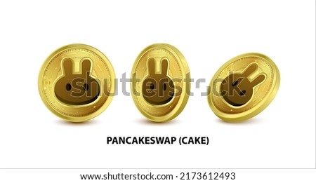 Set of Gold coin PancakeSwap (CAKE) Vector illustration. Digital currency. Cryptocurrency Golden coins with bitcoin, ripple ethereum symbol isolated on white background. 3D isometric Physical coins.