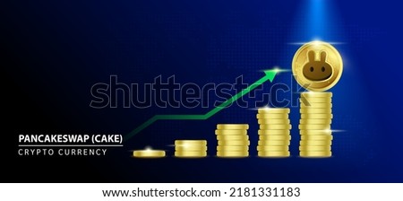 PancakeSwap (CAKE) Coin crypto on blue background. Stablecoin blockchain token price increase from pile of gold coins.There is space to enter message. Nice for cryptocurrency digital money concept.