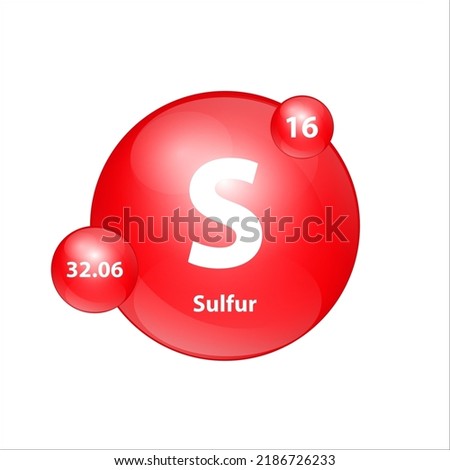 Sulfur, Sulphur (S) icon structure chemical element round shape circle red easily.  Chemical element of periodic table Sign with atomic number. Study in science for education. 3D Illustration. Foto stock © 
