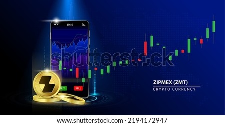 Zipmex (ZMT) coin gold Online payment. Hand holding smartphone money  payment app bank. Secure mobile banking finance concept Blue background vector illustration. 3D Cryptocurrency blockchain.