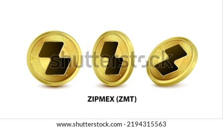 Set of Gold coin Zipmex (ZMT) Vector illustration. Digital currency. Cryptocurrency Golden coins with bitcoin, ripple ethereum symbol isolated on white background. 3D isometric Physical coins.