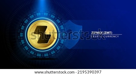Zipmex (ZMT) coin gold. Cryptocurrency blockchain. Future digital (crypto currency) currency replacement technology concept. On blue background. 3D Vector illustration.