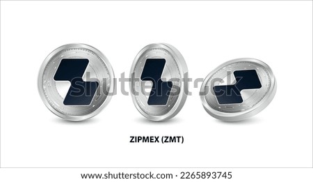 Set of silver Zipmex (ZMT) coin. 3D isometric Physical coins. Digital currency. Cryptocurrency. Silver coin with bitcoin, ripple, ethereum symbol isolated on white background. Vector illustration.