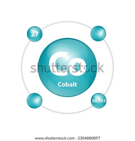Icon structure Cobalt (Co) chemical element round shape circle dark green with surround ring. Number shows of energy levels of electron. Study science for education. 3D Illustration vector.