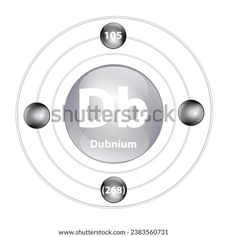 Dubnium (Db) Icon structure chemical element round shape circle grey, black with surround ring. Period number shows of energy levels of electron. Study science for education. 3D Illustration vector