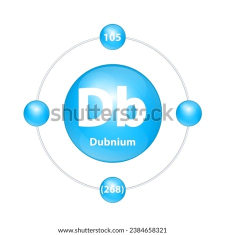 Dubnium(Db) Icon structure chemical element round shape circle light blue with surround ring. Period number shows of energy levels of electron. Study science for education. 3D Illustration vector.