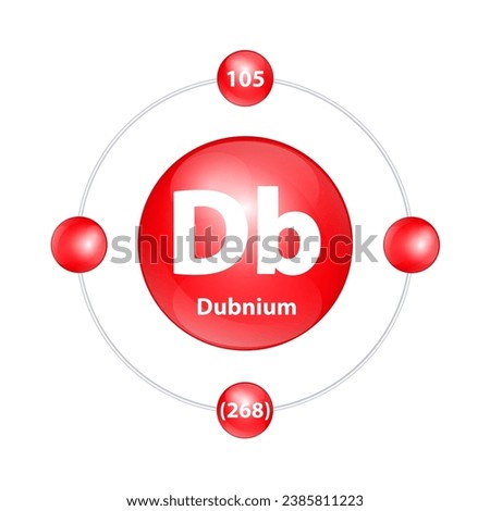 Dubnium (Db) Icon structure chemical element round shape circle light red with surround ring. 3D Illustration vector. Period number shows of energy levels of electron. Study science for education