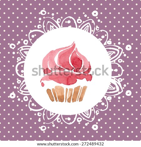 Sweet food dessert delicious cupcake on cafe retro poster on squared background vector illustration. watercolor illustration