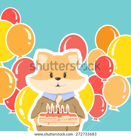 Happy Birthday card background with cute cartoon fox. Vector holiday party template. Greeting postcard image.