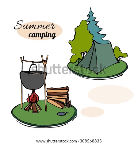 Hiking and outdoor recreation concept with camping travel. vector illustration