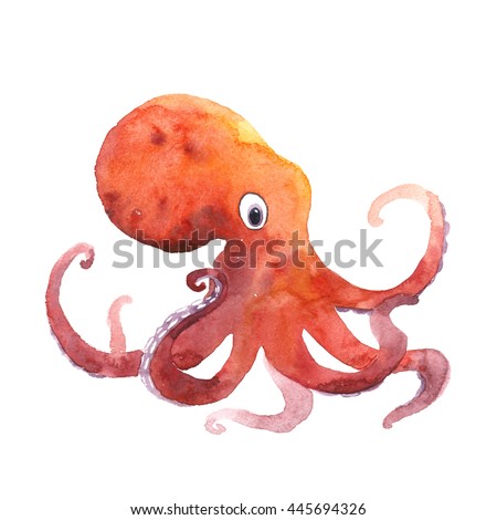 Cute octopus cartoon. Watercolor illustration 