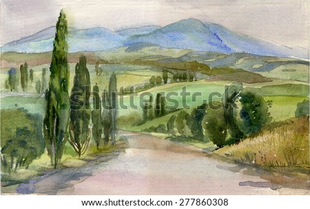 Southern landscape watercolor painting. Trees and mountains