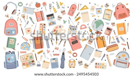 Big set of school supplies. Back to school. Books, globe, backpack, stationery. Vector illustration in flat style. Vector illustration of art supplies and school stationery, cartoon